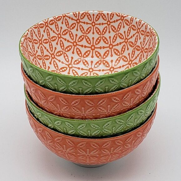 Now Designs Stamped Green/Orange and Orange/Black Porcelain 4pc Rice Bowl Set - Picture 12 of 13